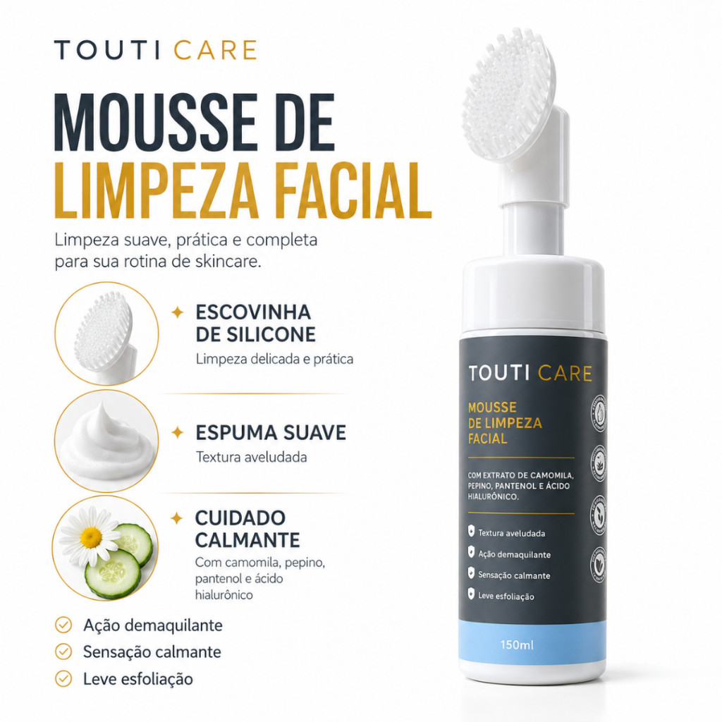 Mousse Facial TOUTI Care com Escova de Silicone 150ml – Limpeza Profunda e Cuidado Diário