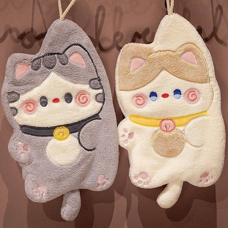 Cat Hand Towel Absorbent Quick-Drying Lint Free Coral Fleece Hand Towel Hanging Cute Bathroom Wiper Cloth JwgL