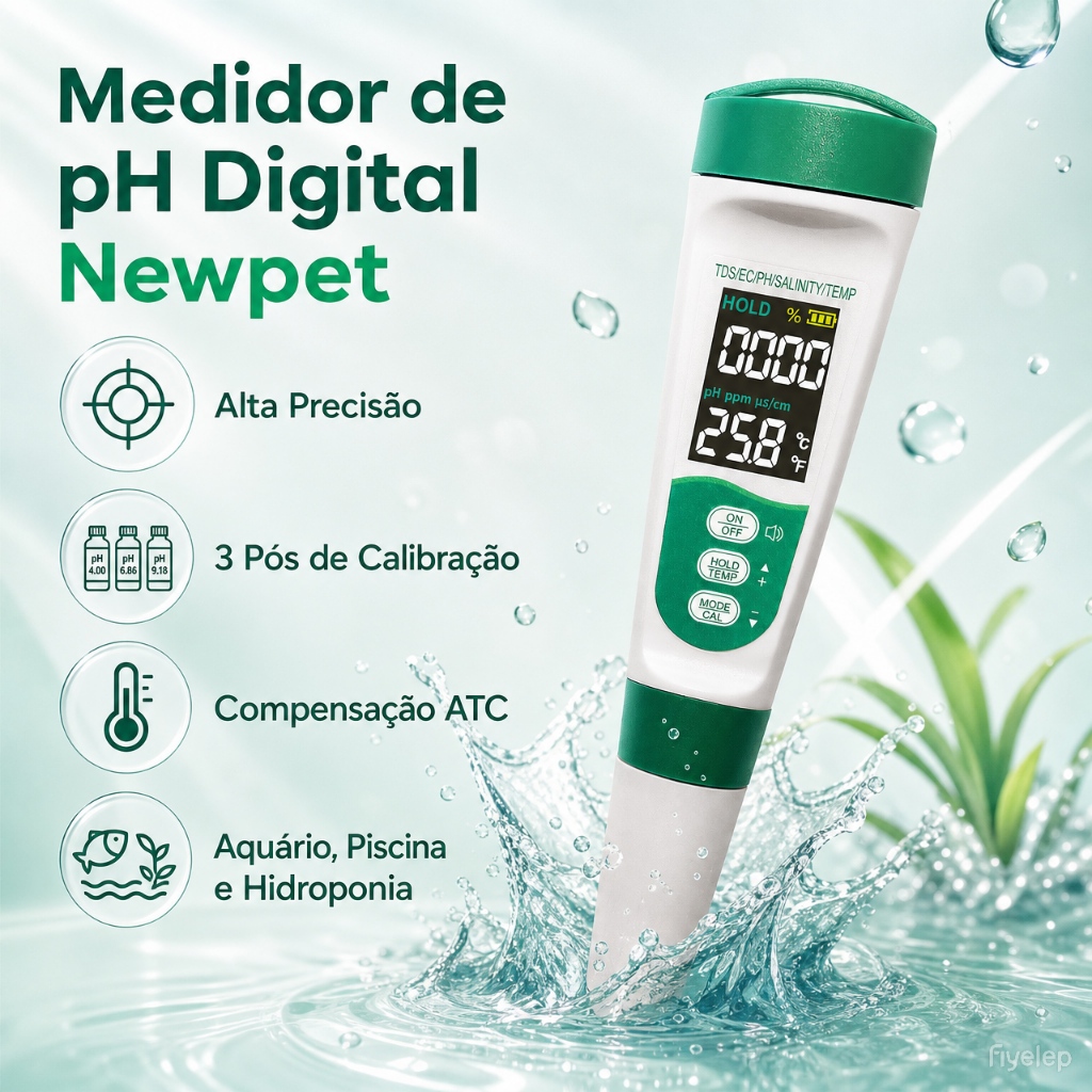 Medidor de pH Digital Phmetro Newpet Portátil Alta Precisão com 3 Pós de Calibração para Teste de Água Aquário Piscina