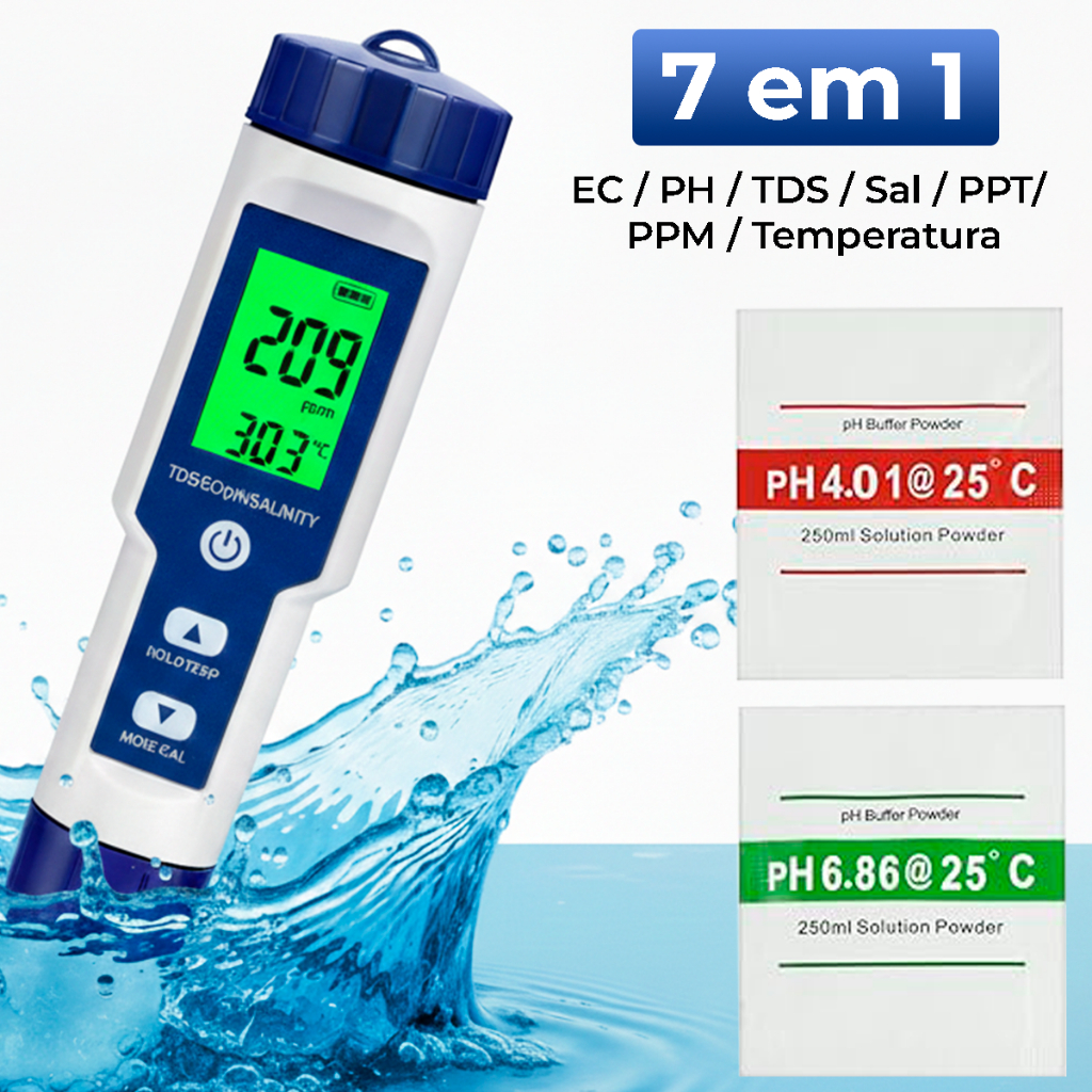 Phmetro Medidor De Ph Digital da Água Piscina Hidroponia Portátil  Tds Ec Sal Ppt Ppm Temperatura