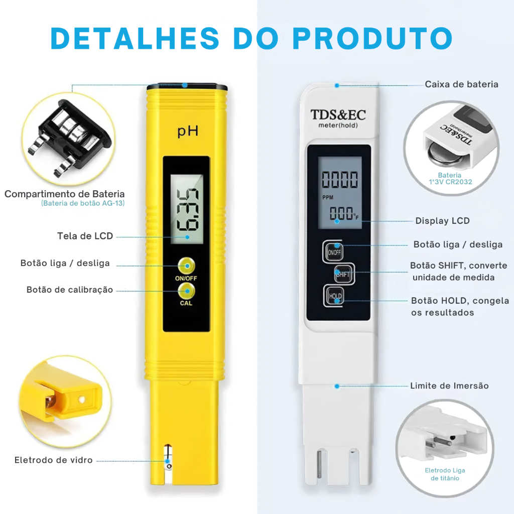 Medidor de Ph Digital PhMetro Calibração Automática e Medidor de Ec Tds Temperatura Condutivimetro