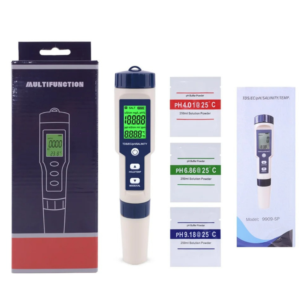 Medidor de PH Digital 5 EM 1 pHmetro Calibração Automática TDs EC Temperatura Salinidade