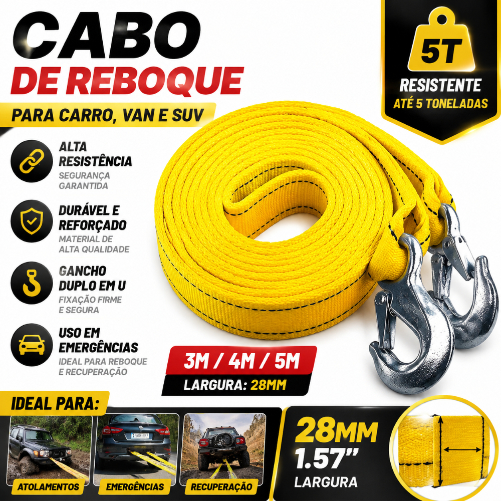 Cabo de Reboque 5 Toneladas Para Carro Cinta de Recuperação 3/4/5m Corda de Tração com Gancho Duplo U Para Emergência