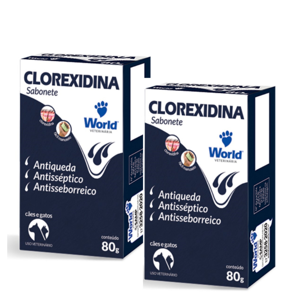 Kit 2 Sabonetes Dermatite Clorexidina 80g World Fragrância Suave Cachorros Gatos Alivio Da Coceira