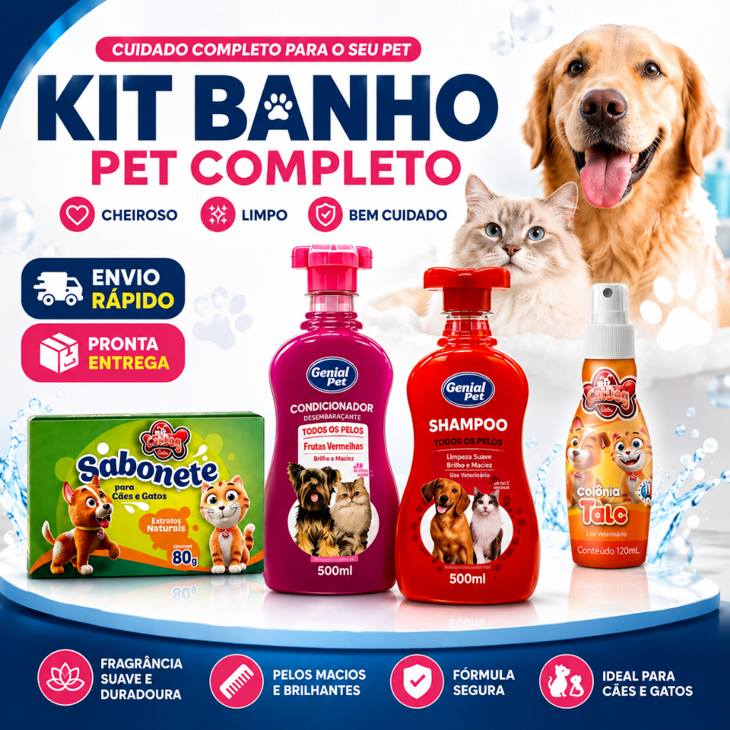 Kit Banho Pet Completo Shampoo + Condicionador + Colônia + Sabonete Cachorro e Gato Cheiroso Envio Rápido