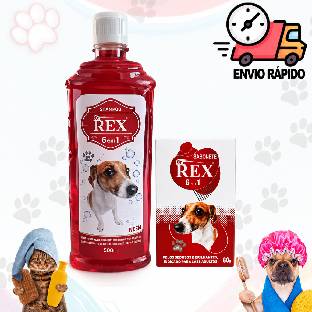 Shampoo + Sabonete 6 em 1 Rex 500ml Cheiroso Para Cães Cachorro