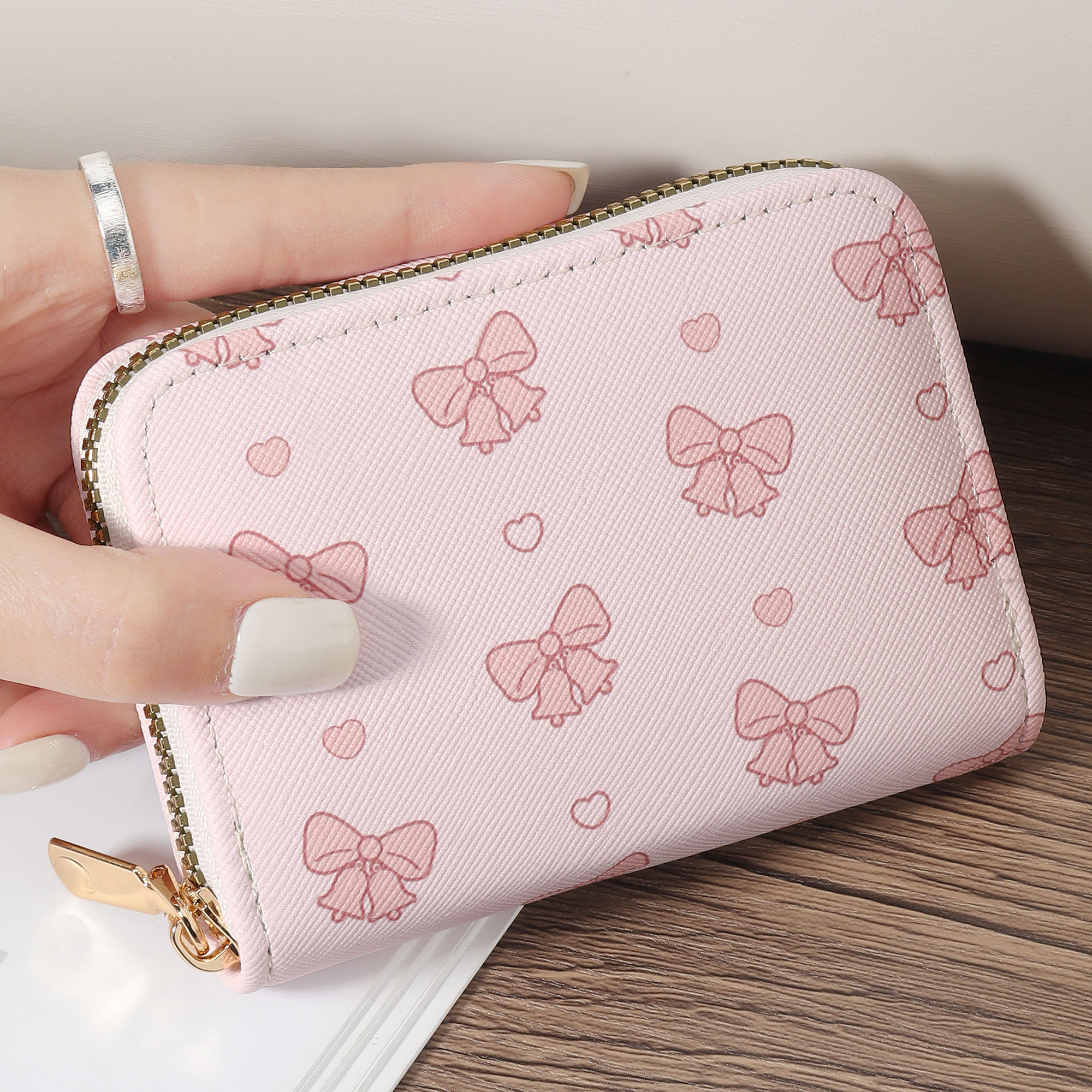 Carteira curta feminina com estampa de laço, bolsa casual com zíper envolto, bolsa multifuncional para cartões.