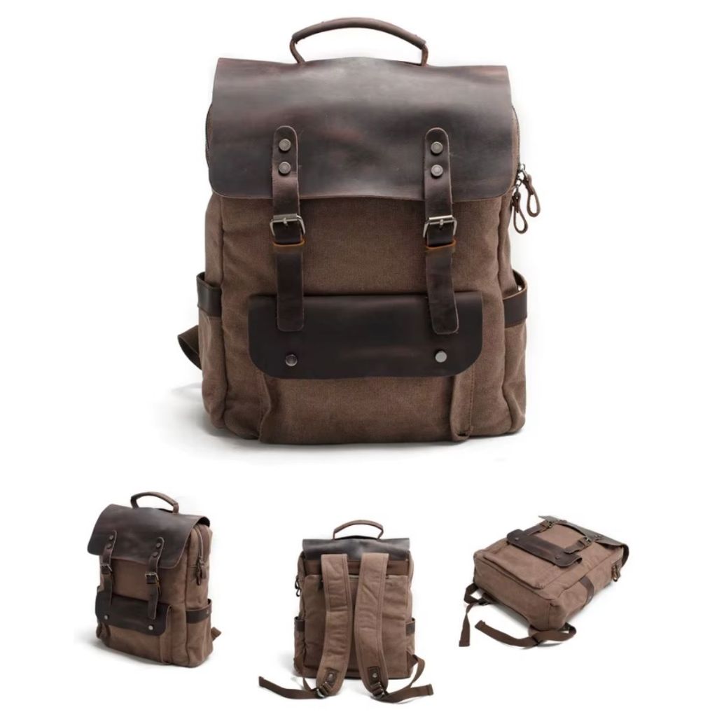 Mochila de Couro para Laptop, Mochila de Lona Casual Mochila Escolar para Laptop de 15,6