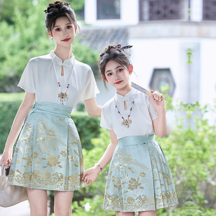 Pai-filho usar mãe-filha usar 2026 novo estilo Hanfu cavalo rosto saia terno verão fino nova camisa chinesa curta