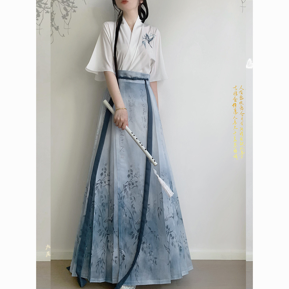 Manga bordada cavalo diário respirável novo rosto feminino Hanfu Yaochi fino avião chinês verão manga curta pena saia de