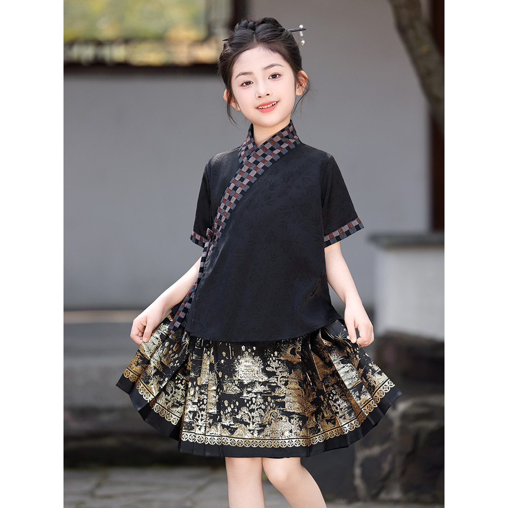 Meninas cavalo rosto saia terno 2026 novo estilo das crianças High-End Hanfu chinês menina Tang terno verão fino estilo