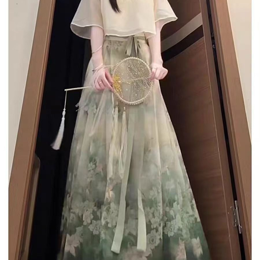 Estilo vento frio camisa terno rosto novo feito Hanfu verão Qing manga curta estilo chinês Ming saia bordado cavalo fino