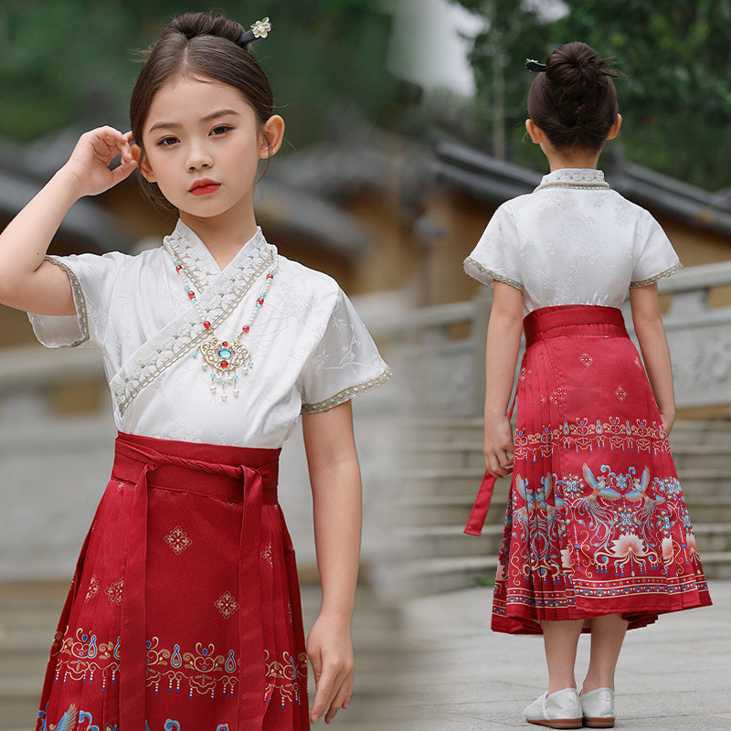 Crianças cavalo rosto saia meninas estilo chinês Ming feito Tang traje desempenho bebê verão antigo Hanfu terno fino
