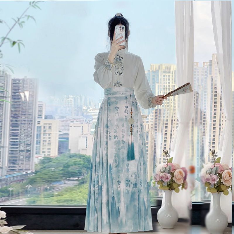 Terno gola de duas peças estilo chinês fino cavalo-feito versão melhorada saia paisagem Hanfu caligrafia rosto feminino
