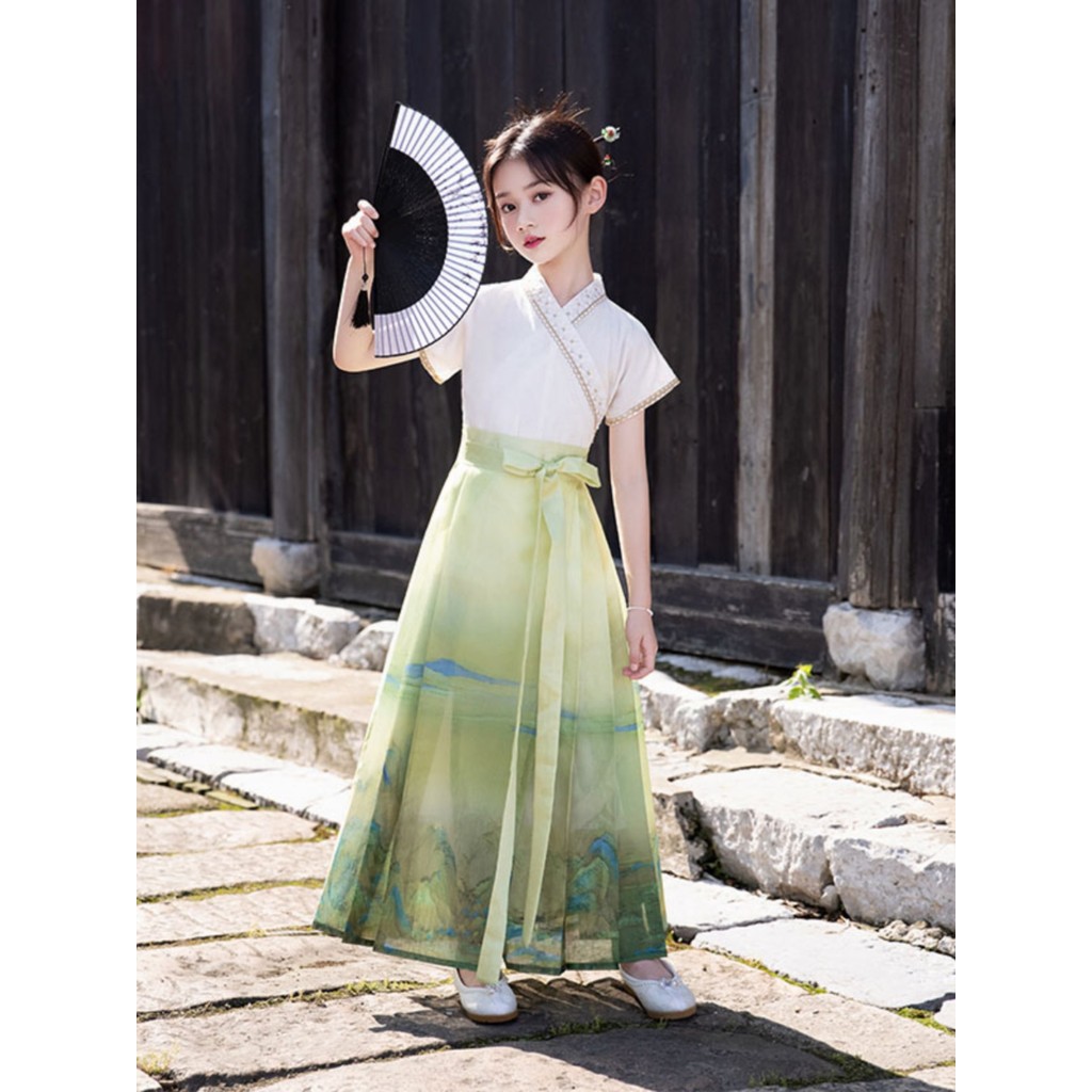 Meninas cavalo rosto saia Ming feito Hanfu verão estilo chinês crianças Retro Wear verão fino terno de manga curta estil