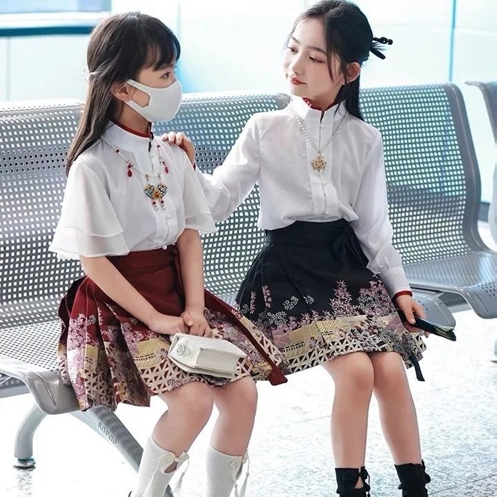 Crianças hanfu cavalo rosto saia verão fino estilo chinês vestido de princesa bonito menina hanfu saia curta influenciad