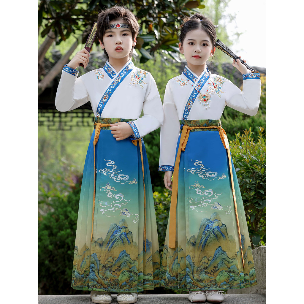 Hanfu crianças traje antigo saia estilo chinês meninos fino de manga curta meninas cavalo rosto saia meninas Tang terno
