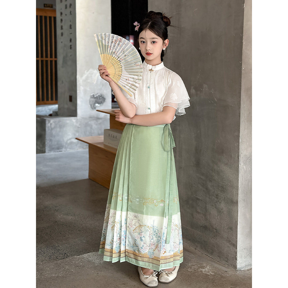 Menina grande verão novo estilo chinês camisa cavalo rosto saia terno 2026 nacional na moda menina saia fina terno de du