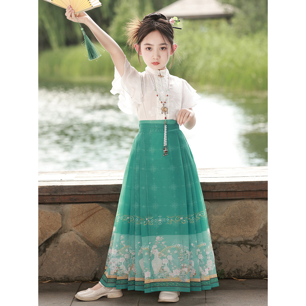 Verão cavalo rosto saia meninas antigo estilo fino terno diário crianças estilo chinês Hanfu menina saia Tang terno