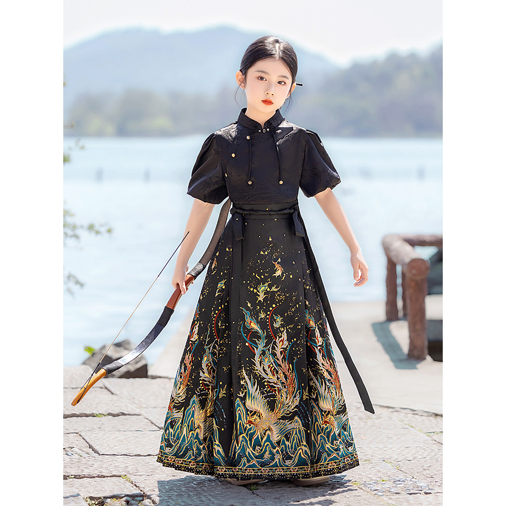 Hanfu meninas 2026 novo estilo verão estilo fino meninas estilo nacional Mingming feito cavalo rosto saia terno trajes a
