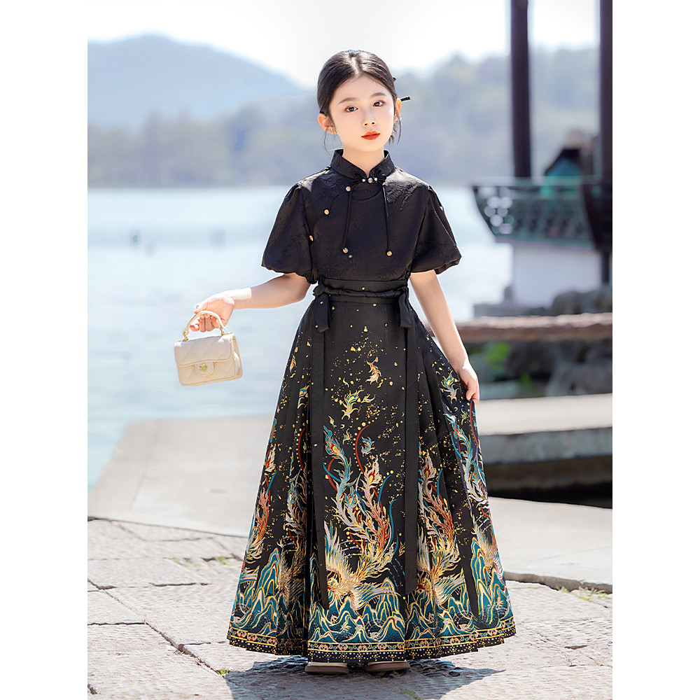 Saia de rosto de cavalo meninas 2026 novo estilo verão estilo fino estilo chinês Hanfu terno meninas crianças trajes ant