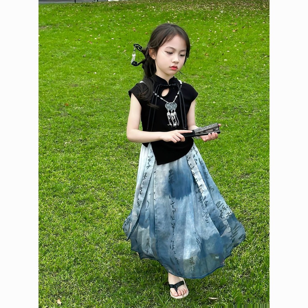 Saia de rosto de cavalo meninas saia estilo fino mil caracteres novo estilo chinês crianças estilo chinês terno de manga