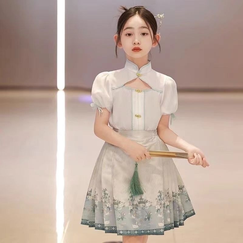 Saia de rosto de cavalo meninas médio grande crianças estilo fino novo estilo chinês estilo antigo meninas terno criança