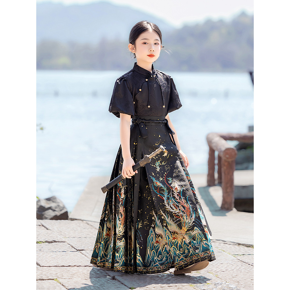 Saia de rosto de cavalo meninas verão estilo fino 2026 novo estilo menina estilo nacional Ming feito Hanfu terno traje a