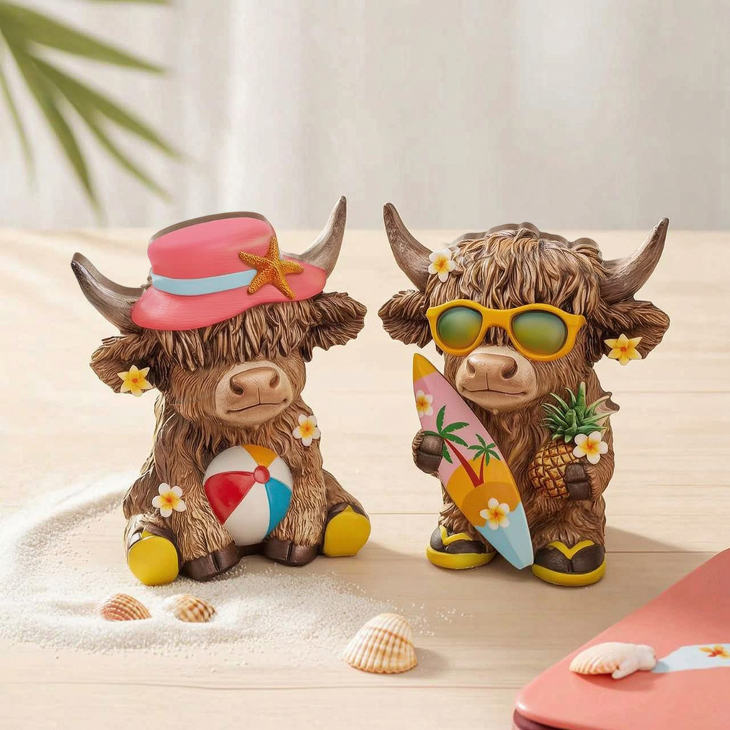 [SKI] 2 Peças Estatuetas De Vaca Highland De Verão De Madeira Praia Beira-Mar Estátua Escocesa Para Casa Cozinha Bandeja