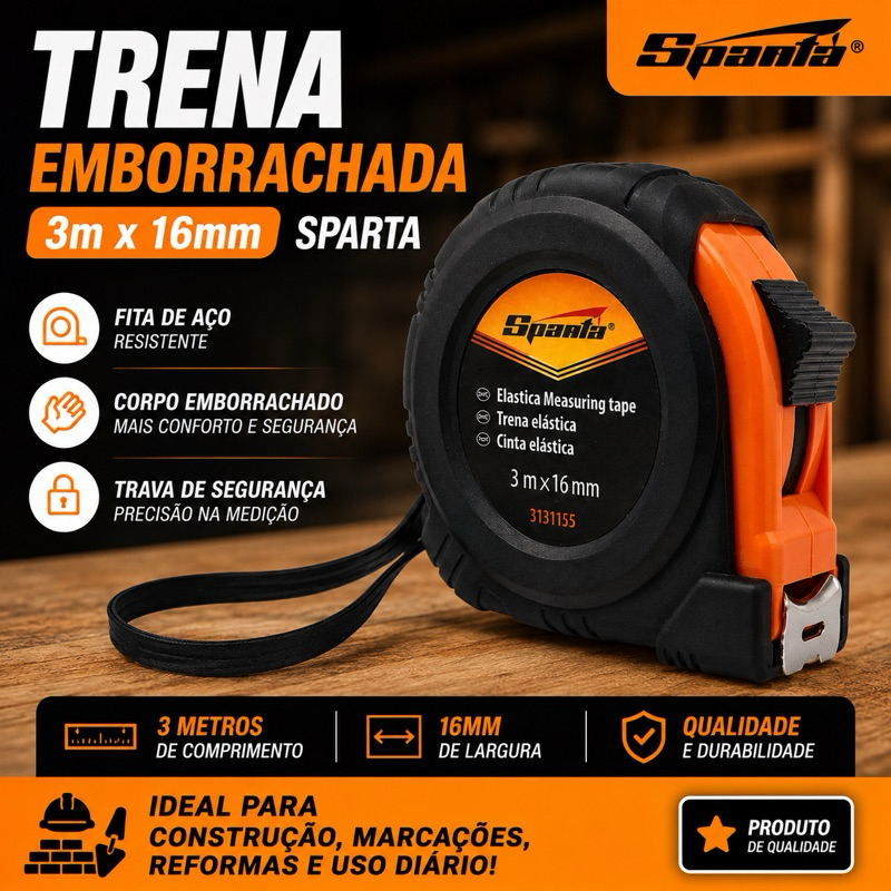 Trena Emborrachada Sparta 3m x 16mm Fita de Aço com Trava de Segurança Alta Precisão