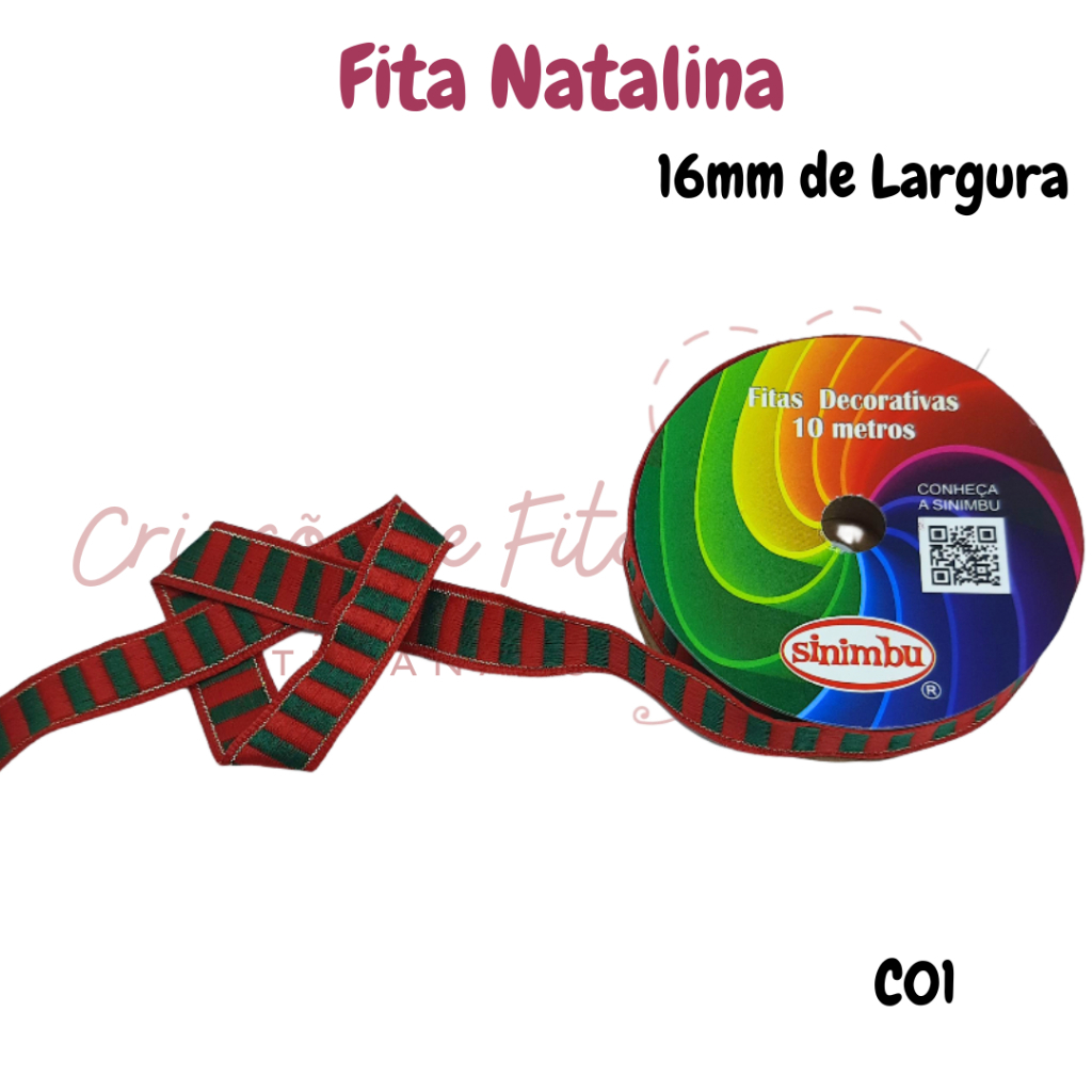 Fita Natalina Listrada Aramada Sinimbu rolo 10 metros e 16mm de largura  - Ref: 1548/16