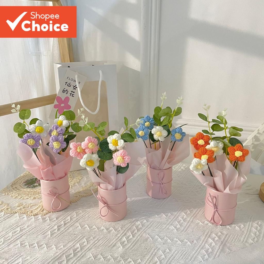 Balde de Puff Dia dos Namorados com Flores de Lã Tecidas à Mão como Presente de Natal para Namoradas