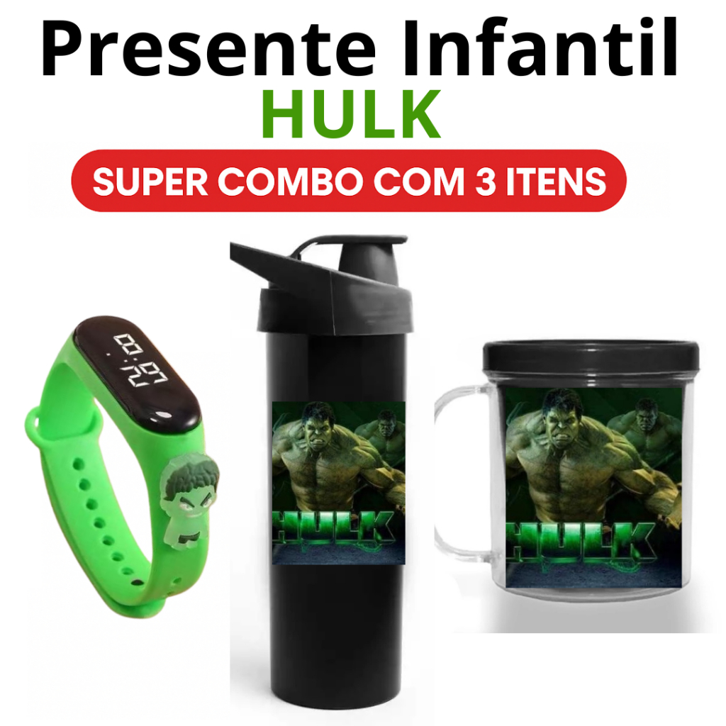 Kit Infantil HULK – Garrafa, Copo e Relógio Digital | Presente Menino, Aniversário, Dia das Crianças, Natal
