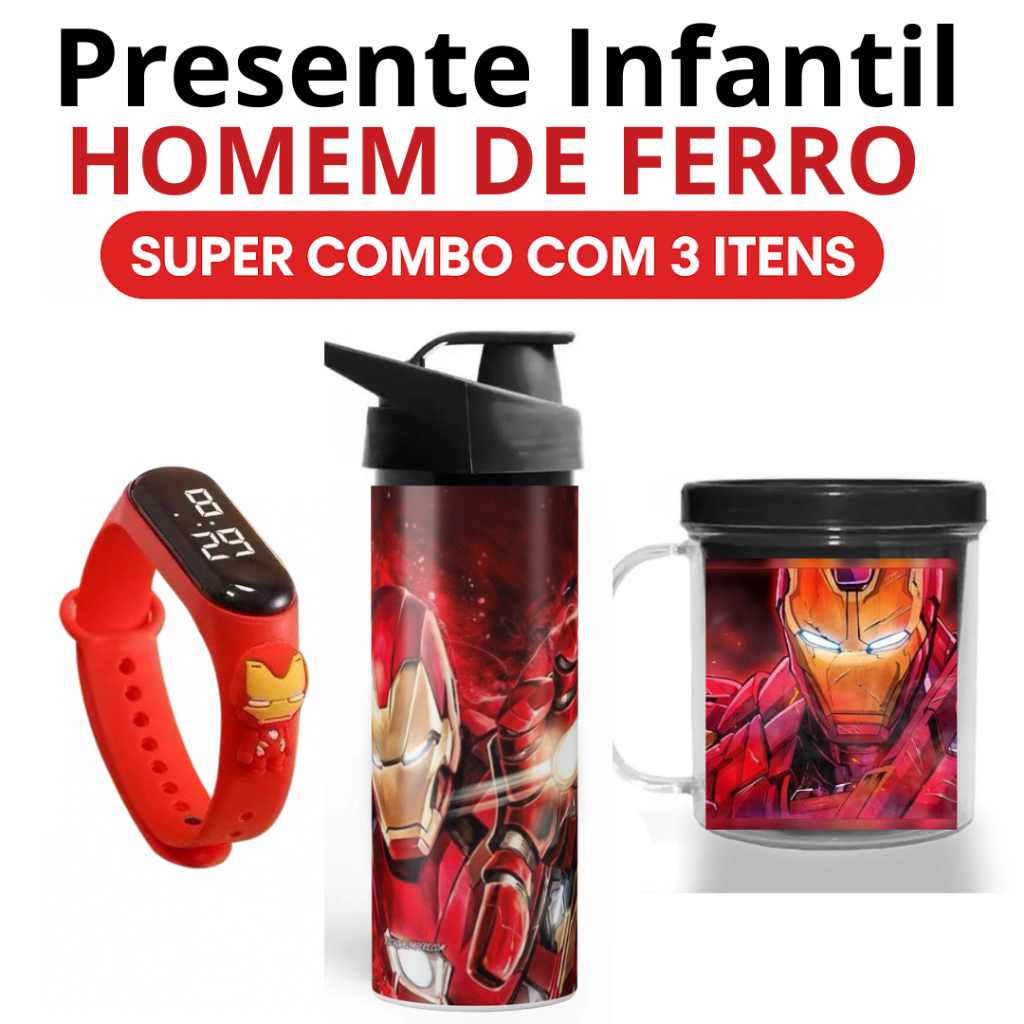 Kit Homem de Ferro – Garrafa, Copo e Relógio Digital | Presente Menino, Aniversário, Dia das Crianças, Natal
