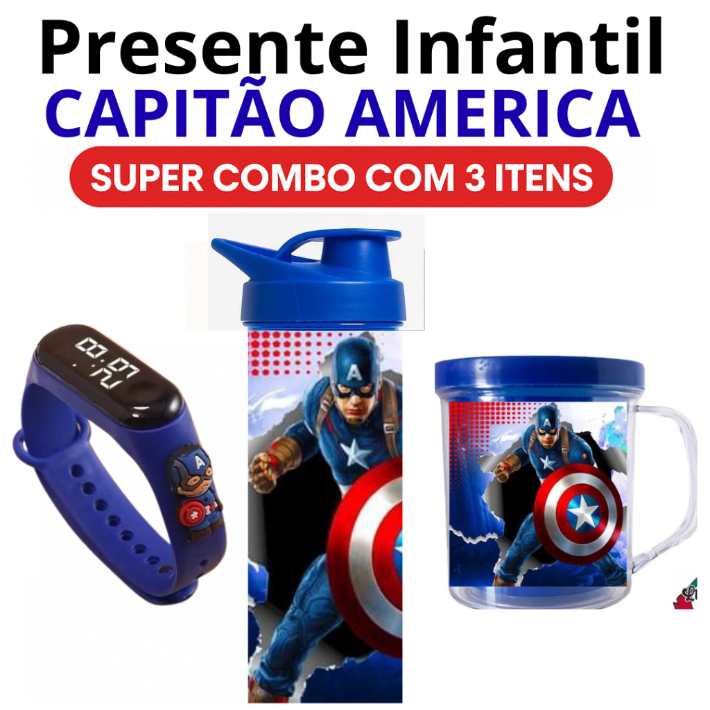 Kit Infantil Capitão América Garrafa, Copo e Relógio Digital Presente Menino, Aniversário, Dia das Crianças, Natal