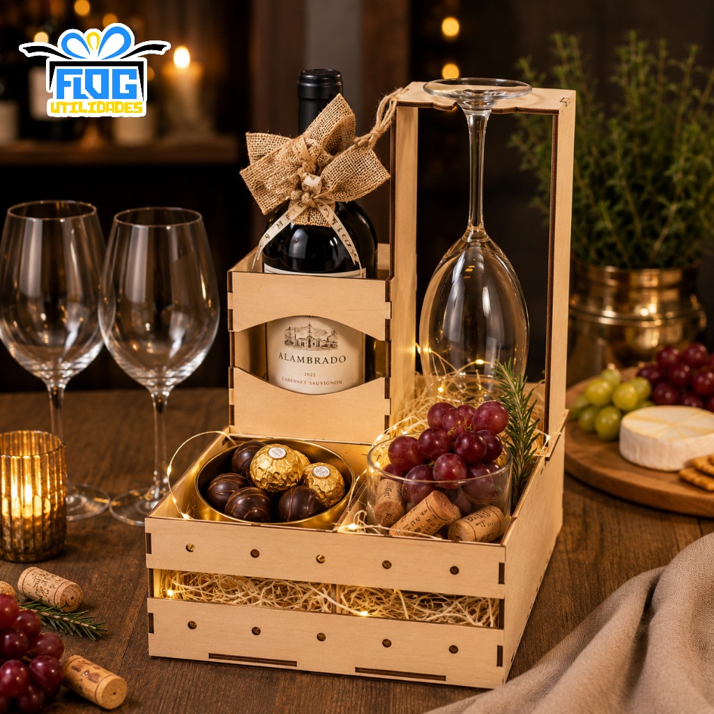 Kit Bandejas p/ VINHO e TAÇA suporte caixa Presente Lembrança Celebre O Amor - MDF / Cesta Papelaria Festa Natal