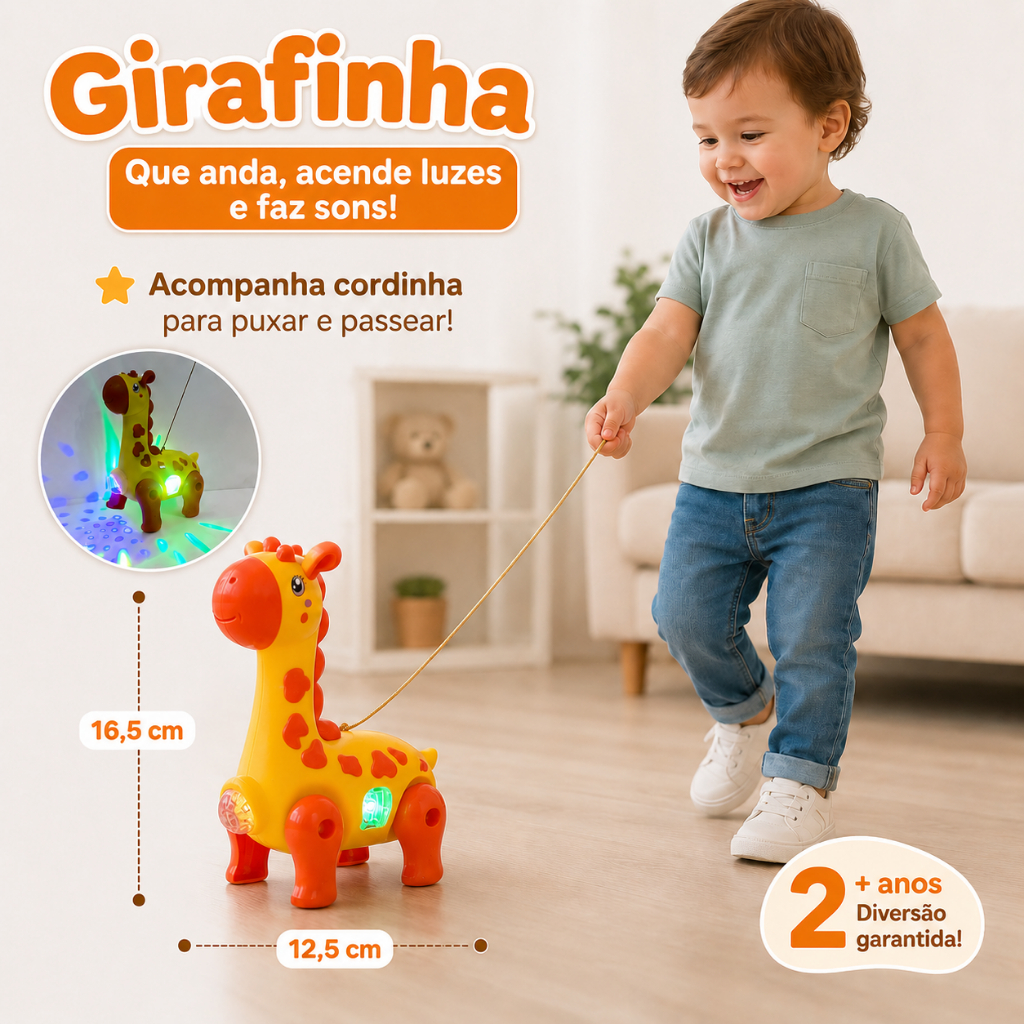 Girafinha Brinquedo Infantil Que Anda Luz Música Som com Cordinha presente dia das crianças e Natal