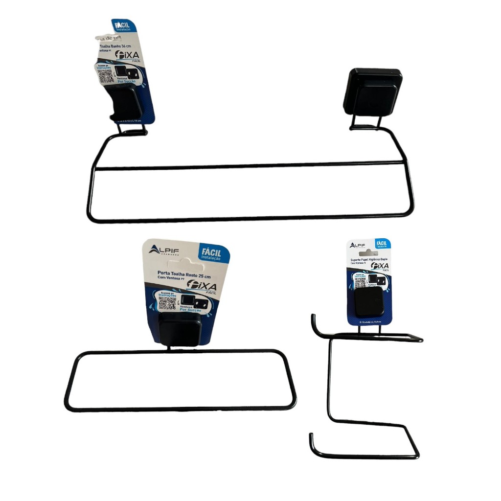Kit Toalheiro Duplo 36cm Papel Higiênico Porta Toalha 25cm Suporte Ventosa Preto Fosco