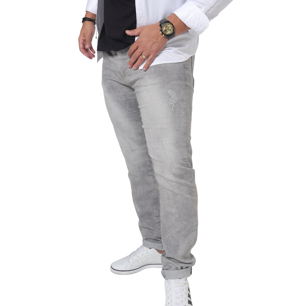 Calça Jeans Masculino Cinza Destroyed Puído Slim Conforto Lions Jeans Casual Sarja Estilosa Trabalho Presente Pai