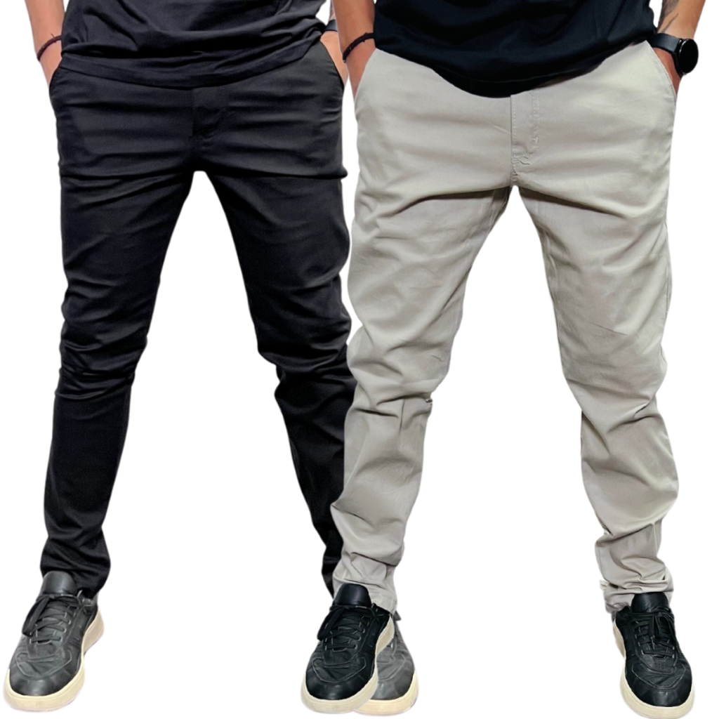 Calça Chino Slim Sarja Masculina Bege Azul Preta Cinza Branco nova coleção