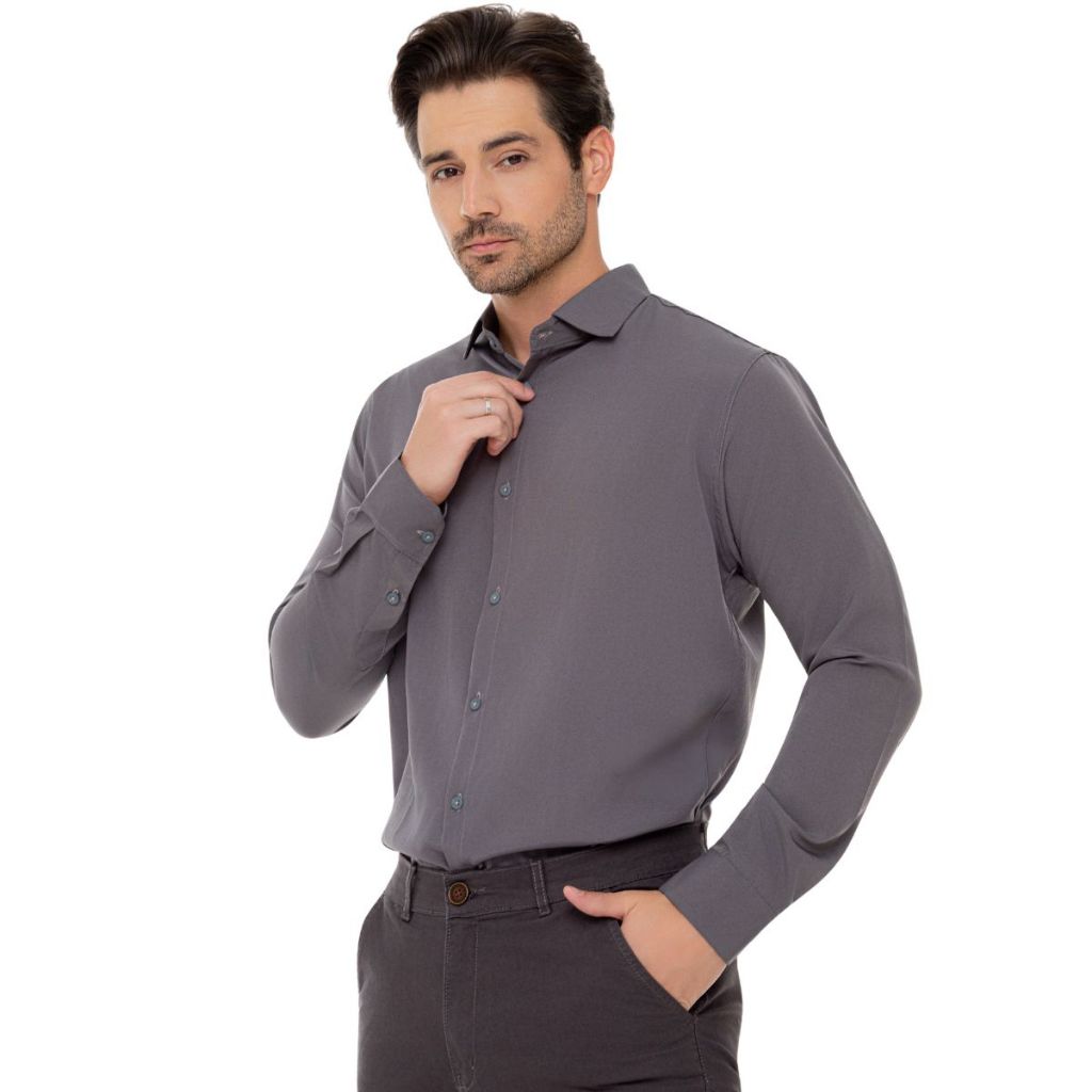 Camisa Social Masculina Manga Longa Slim Elegante Casual Trabalho Conforto Confortável Premium Passa Fácil Cinza