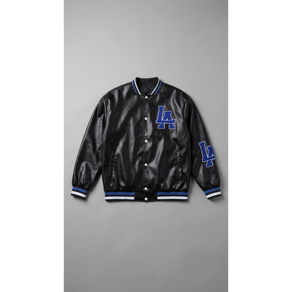 Jaqueta College Masculina Preta Couro Sintético Estilo Varsity LA