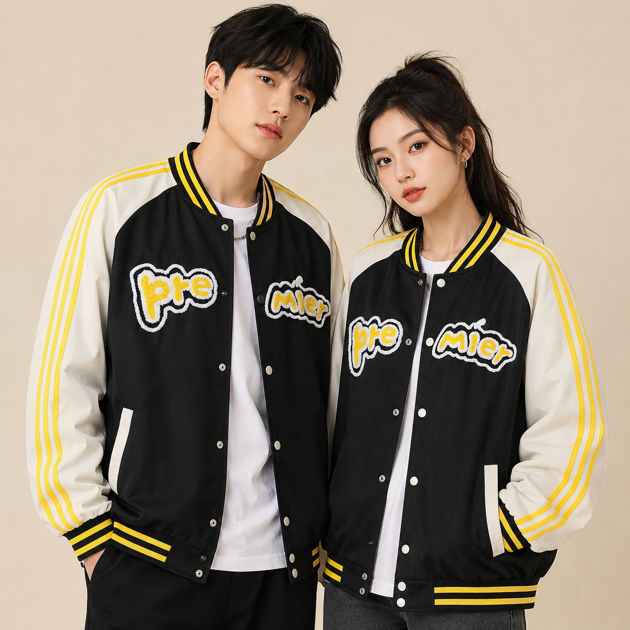 Jaqueta Varsity Unissex Americana - Modelo Oversize com Bordado de Letras em Preto e Branco, Gola Alta
