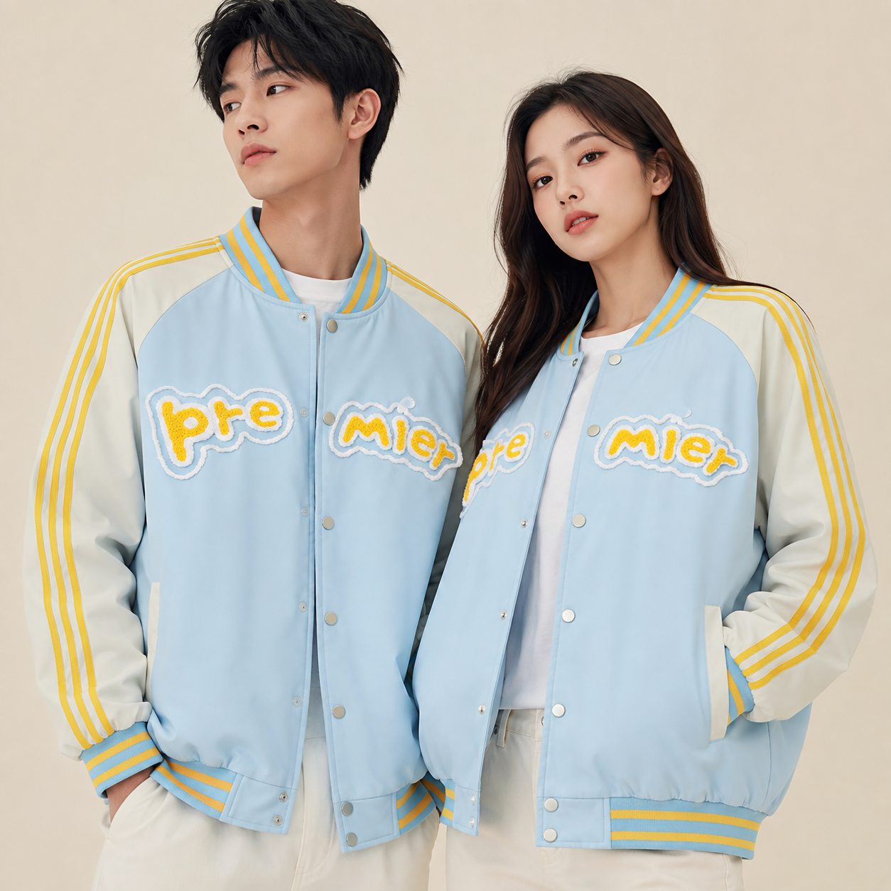 Jaqueta Varsity Unissex Estilo Americano Pré-Adolescente - Modelo Oversize Azul e Branco com Bordado de Letras em Bloco