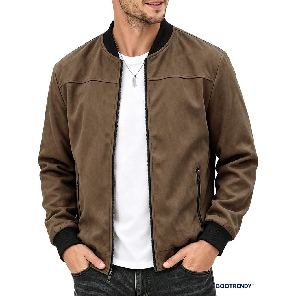 Jaqueta Masculina De Camurça Sintética Varsity Bomber Com Zíper Completo Casacos Casuais