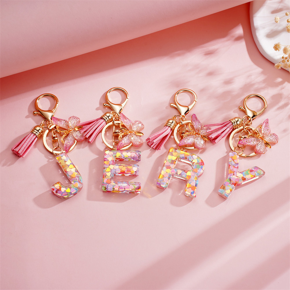 Kunkka 1 peça chaveiro de resina rosa borboleta carta chaveiro borla para presentes DIY