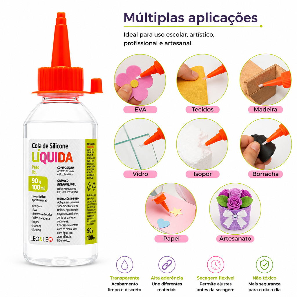 Cola Líquida de Silicone Leo&Leo 60ml 100ml 250ml para Escola e Artesanato em EVA Tecido Papel Vidro Madeira Isopor