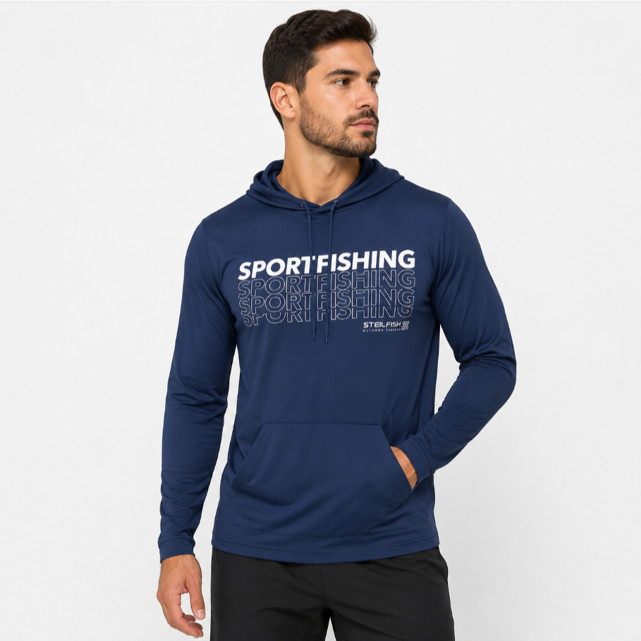 Camisa de Pesca Masculina UV50+ Poliamida Premium com Capuz e Bolso Canguru