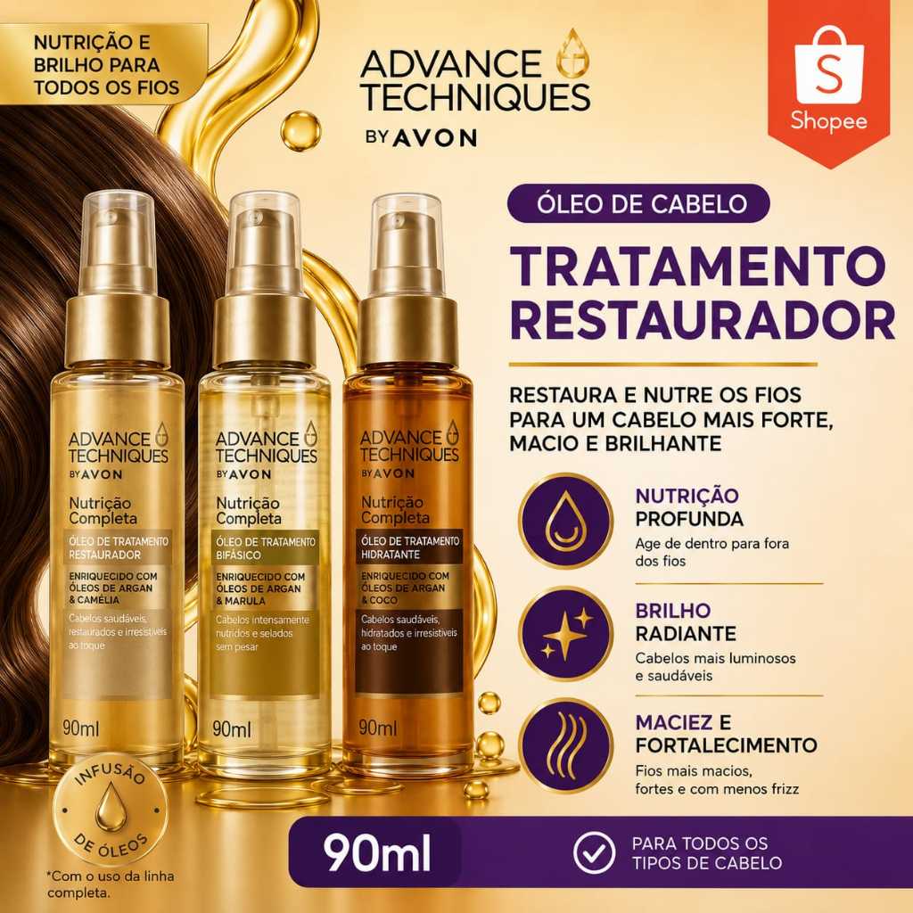 💥 Cabelo de Salão em Casa! Óleo Advance Techniques 90ml 💧 Argan + Coco | Hidratante, Restaurador ou Bifásico