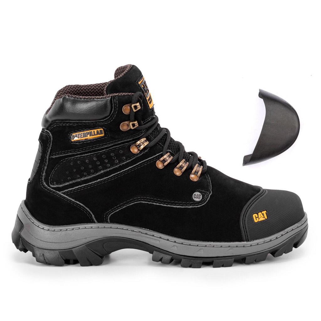Bota Masculina Caterpillar Com Bico PVC Couro Cor Preto palmilha a Gel Impermeável Trilha.